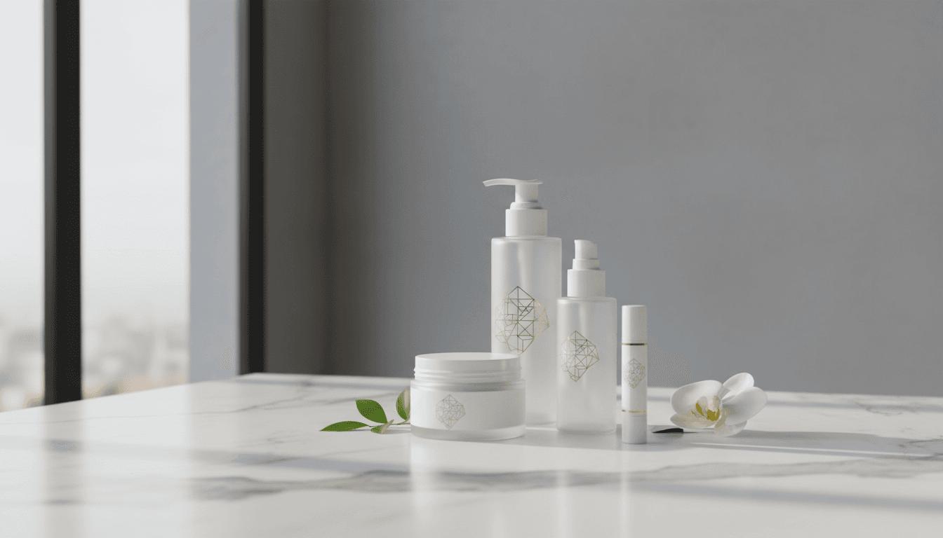 Assortment of professional-grade beauty product bottles arranged on a clean marble surface