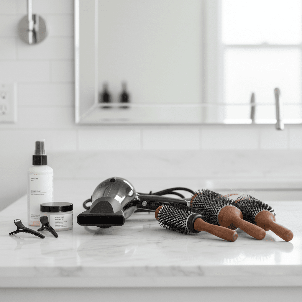 Hairdryer, round brush, and flat iron on a salon counter